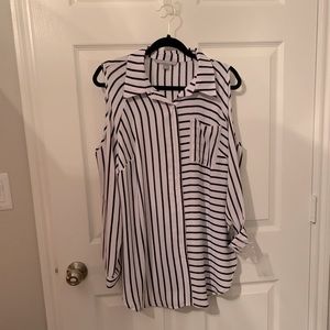 Pin striped button up colder shoulder blouse.